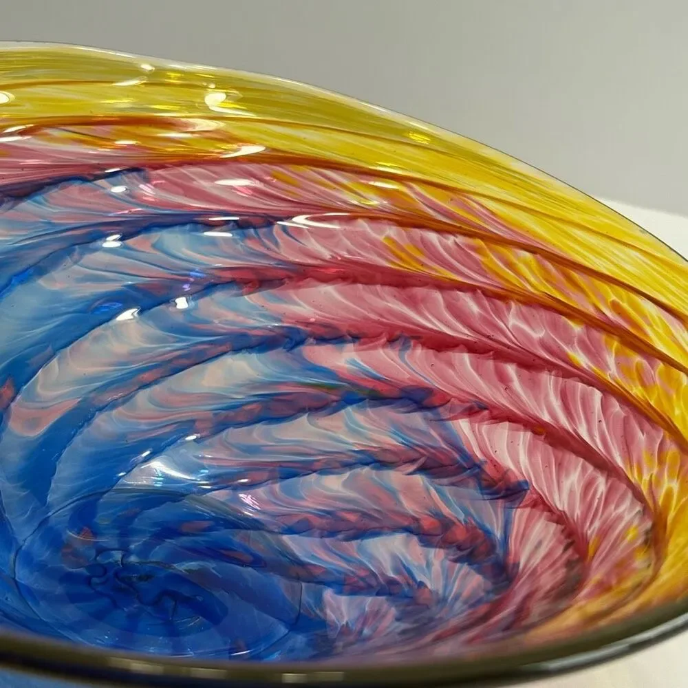 Hand Blown Glass Footed Wide Rim 9” Multicolor Swirl Glass Bowl